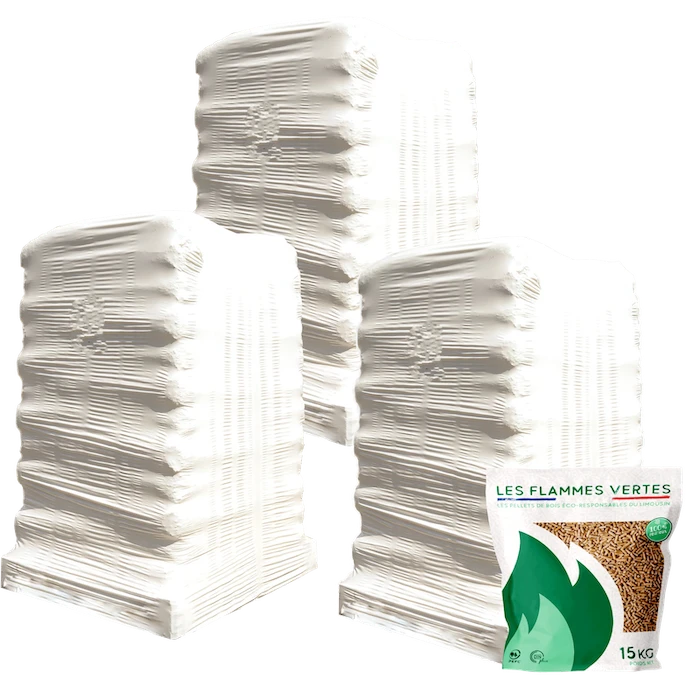 Holzpellets Flammes Vertes - 3 Paletten - 195 Säcke - 2925 kg